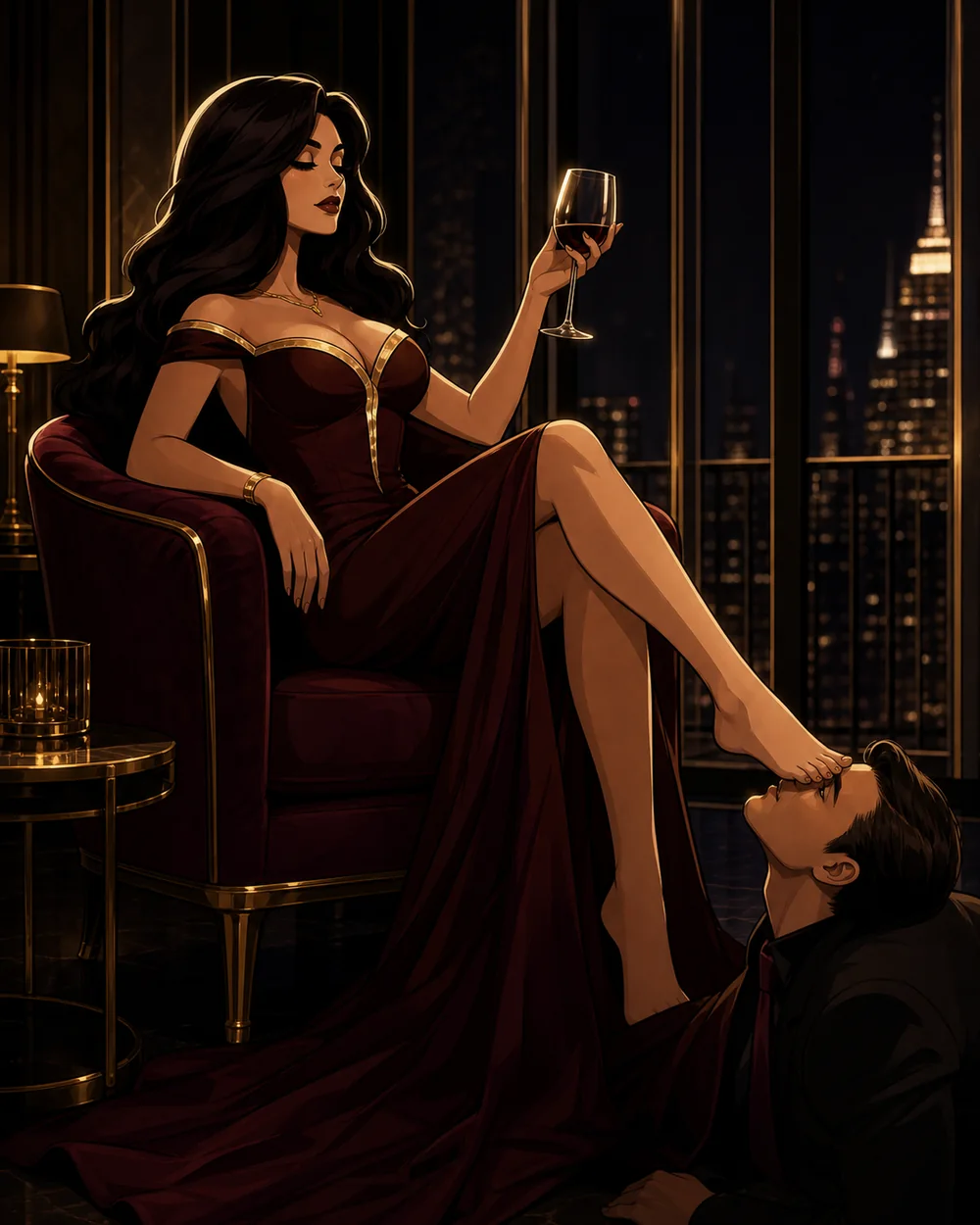 Editorial illustration of a poised dominant woman and a kneeling man in a burgundy penthouse lounge