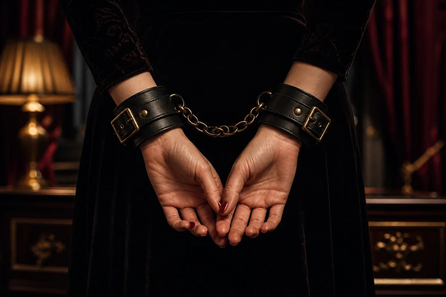 Black leather wrist accessories in a burgundy and gold private room