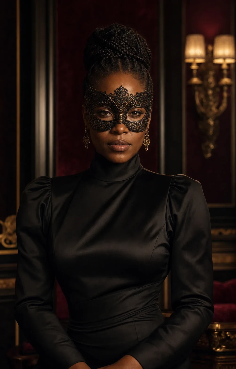 Countess Mira wearing an intricate black and gold masquerade mask