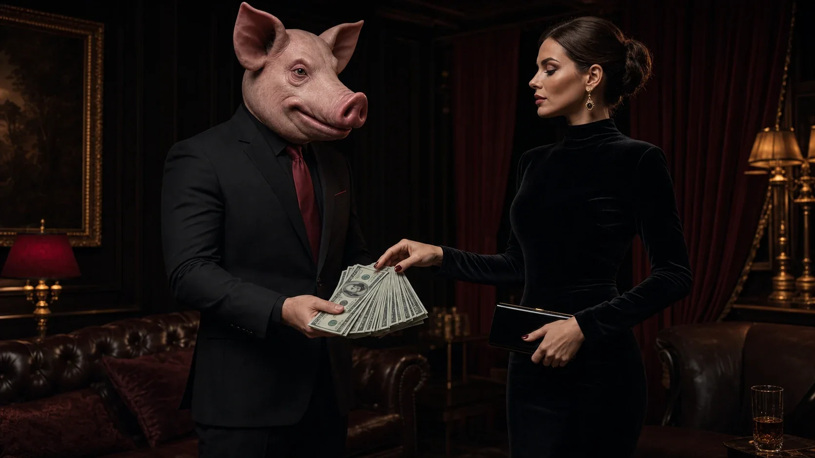Pig-masked man presenting dollars to an elegant woman in a dark luxury room
