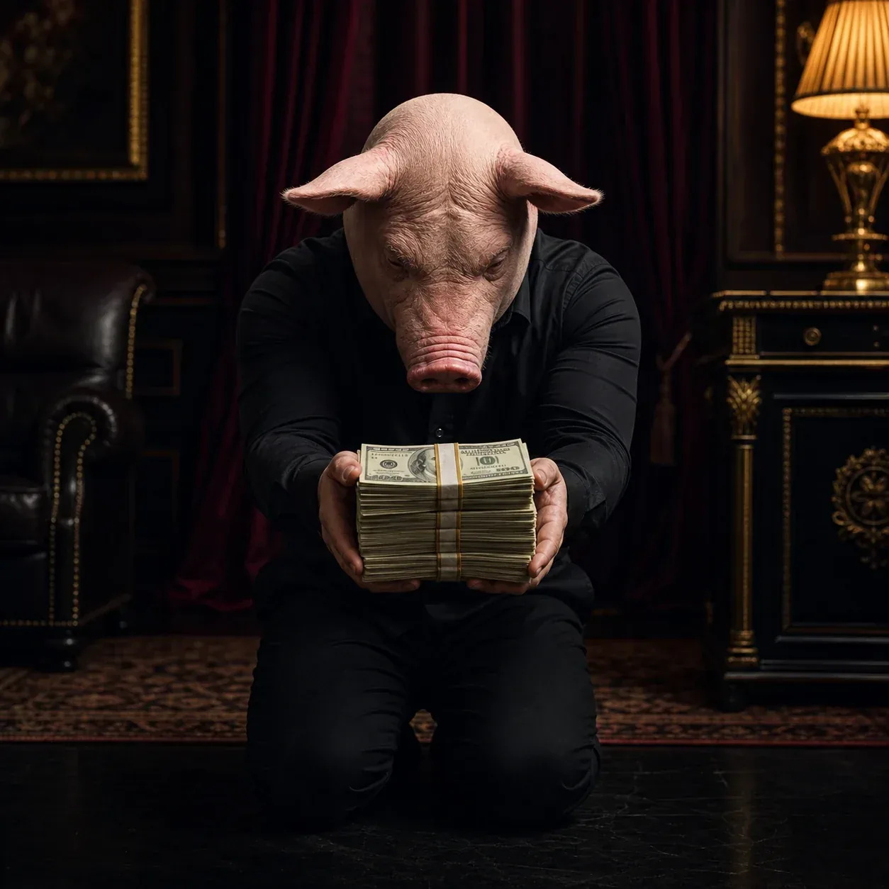 Kneeling figure presenting a stack of dollars in a dark luxury room