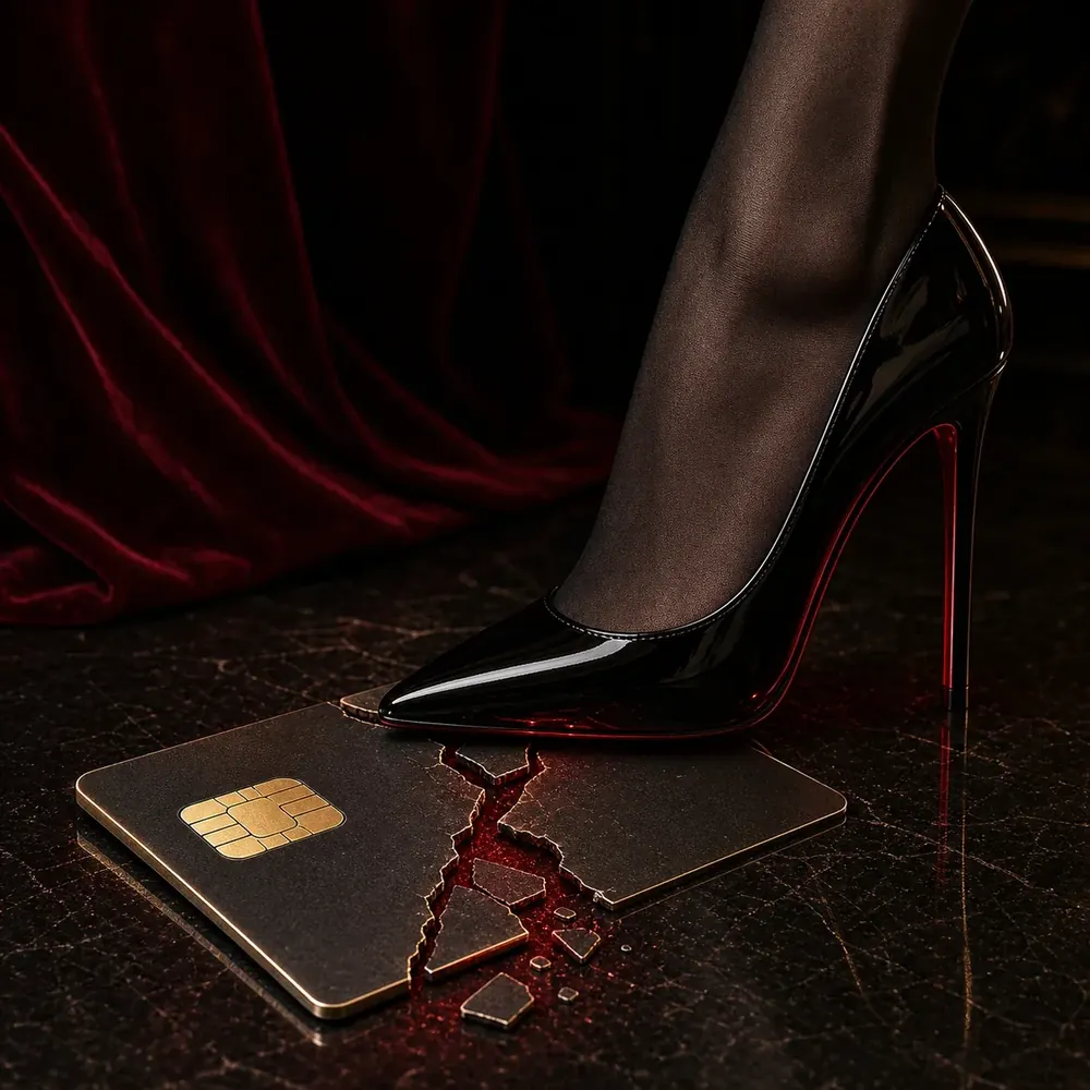 Black stiletto pressing on a cracked credit card